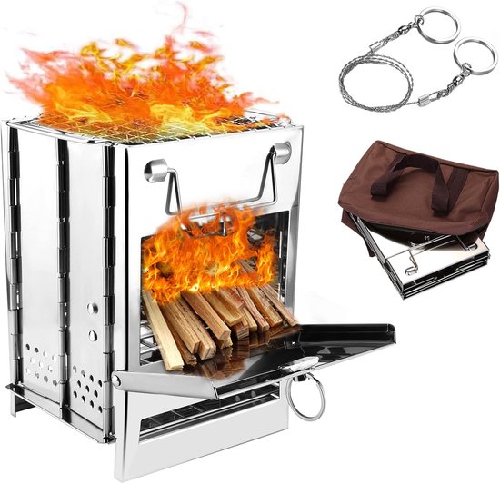 Camping Draagbare Opvouwbare Roestvrijstalen Twig Fornuis Grill - Houtkachel met BBQ-grill Opbergtas
