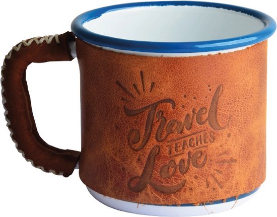 Camping Emaille Mok Wit -Met Lederen Bekleding van Camp