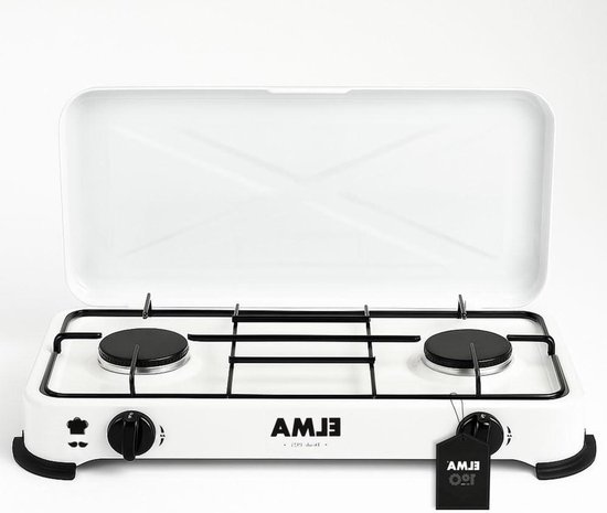 Camping Gasfornuis - Draagbaar Kooktoestel - Buiten Koken - Dubbele Brander - 63 x 33.5 cm - Wit