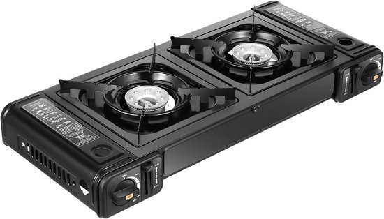 Camping Gasfornuis - Draagbare Grillplaat - Buiten Koken - Dubbele Branders Piëzo - 615 x 27 cm - Zwart