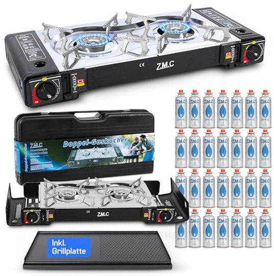 Camping Gasfornuis met 2 Vlammen en Grillplaat - Compleet Camping Set met 28 Gas Cartridges van Camp Active