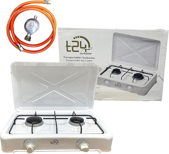 Camping Gasfornuis - Tafelkoker Deksel - Buiten Koken - Dubbele Brander - 52 x 32 x 11 cm - Wit