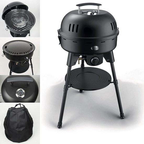 Camping gasgrill - Staande grill - Buiten koken - Dubbelwandig deksel - Ø 47 x 98 cm - Zwart