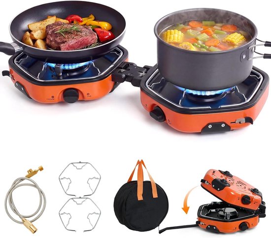 Camping Gasstel - Draagbare Kookplaat - Buiten Koken - Dubbele Brander - 24x23x11.5 cm - Oranje