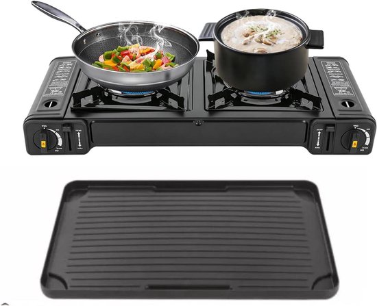 Camping Gasstel - Outdoor Kooktoestel - Kamperen en Buiten - Met Grillplaat - 64 cm Breed - Zwart