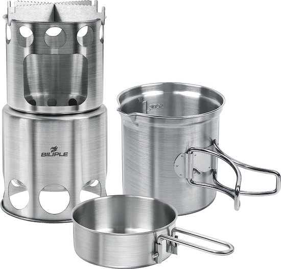 Camping houtkachel draagbaar met campingpot 1 liter beker kookketel opvouwbaar roestvrij staal campingkooktoestel compact voor kamperen, koken, picknicken, backpacken in de open lucht van Camp