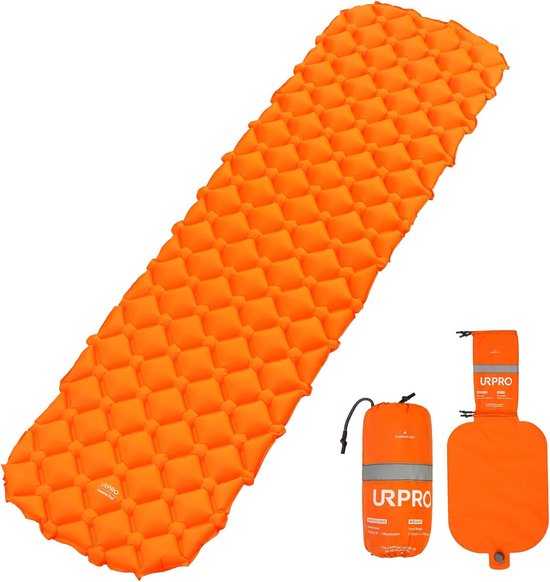 Camping isomat, luchtmatras, opblaasbaar, ultralicht, ergonomisch design, compacte airpad-mat, rugzakreizen, wandelen, outdoor-activiteiten, oranje van Camp