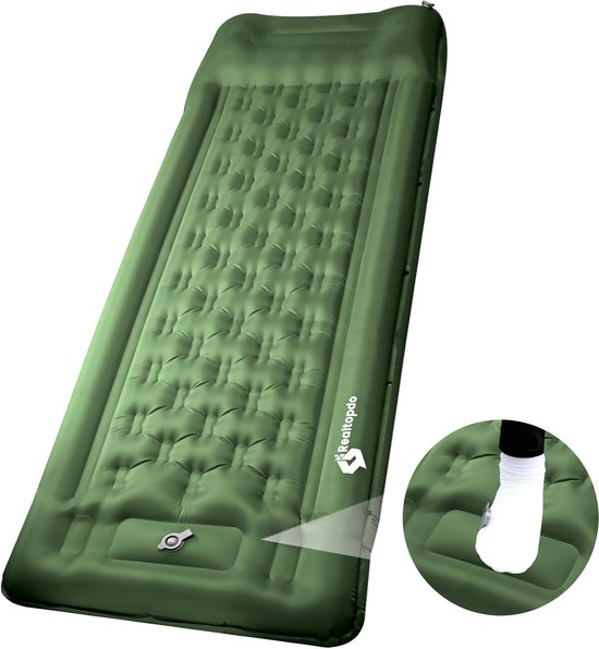Camping isomat, zelfopblaasbare met voetdrukpomp, 12 cm, upgrade, campingmat, verdikte slaapmat, outdoor, met kussen, voor wandelen, outdoor, reizen, legergroen van Camp