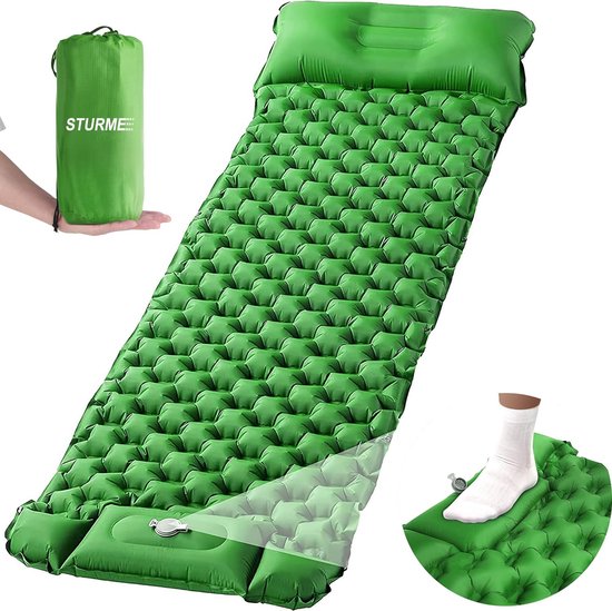 Camping isomat, zelfopblazend met voetdrukpomp, outdoor opblaasbaar luchtmatras, ultralichte isomat, campingmatras, opvouwbare slaapmat met kussen voor buiten van Camp