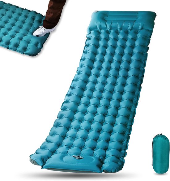 Camping isomat, zelfopblazend, met voetperspomp, 10 cm dik, waterdicht, isomat met hoofdkussen, outdoor opblaasbare luchtmatras, opvouwbare slaapmat voor outdoor, camping, blauw van Camp