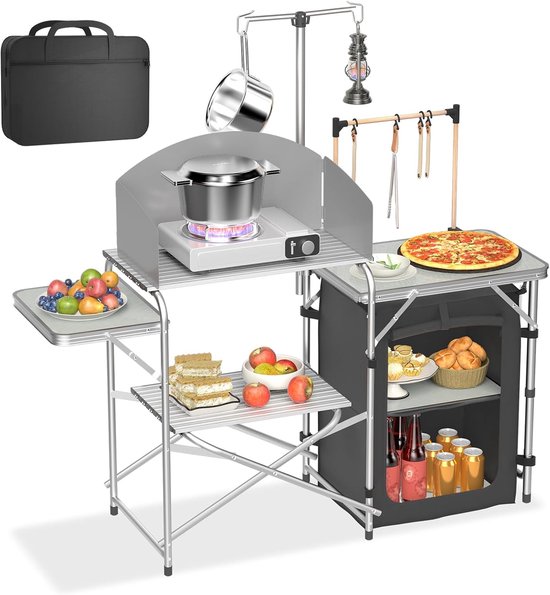 Camping Keuken - Opvouwbaar Meubel - Outdoor Koken - Met Windscherm - 146 x 46 x 141 cm - Zilver
