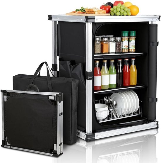Camping Keuken - Opvouwbare Kast - Outdoor Koken - Aluminium Frame - 80 x 61 x 51 cm - Zwart van Camping