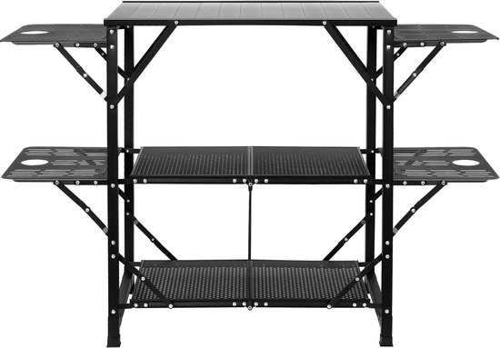 Camping Keukentafel Aluminium Opvouwbaar Draagbaar Outdoor Kookstation met 4 Ijzeren Zijkanten 2 Planken en Draagtas Snelle Installatie voor Picknick, BBQ, Strand, Reizen etc.