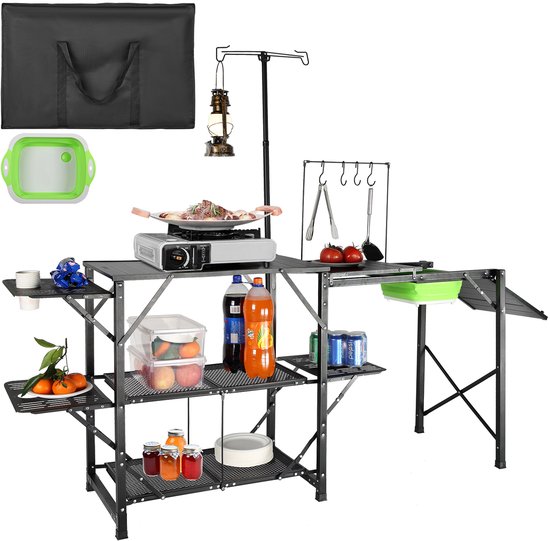 Camping Keukentafel - met Wasbak - Campingtafel - Buitenkeuken - Outdoor Kookstation - voor Camping - BBQ - Picknick - Strand - Vouwbare - Draagbaar - 27.8 lbs van Merkloos