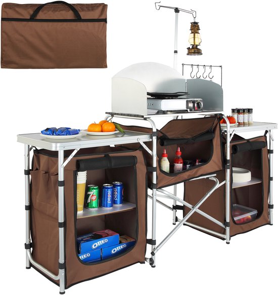 Camping Keukentafel, Opvouwbaar Outdoor Kookstation met Opbergtas, Aluminium Tafel met 3 Kastjes En Verwijderbaar Windscherm, Snel Op Te Zetten voor Picknicks, Barbecues, Bruin
