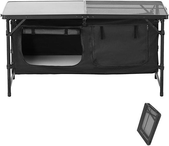 Camping Keukentafel, Opvouwbare Outdoor Kooktafel – 3-Voudig in Hoogte Verstelbaar, Draagbaar Aluminium Kookstation met Opbergruimte en Draaggreep, Geschikt voor Barbecues, Picknicks en Reizen met een Camper, Zwart