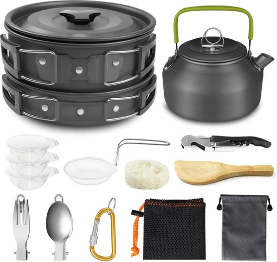 Camping Kochgeschirr Set, Portable Camping Töpfe mit 0.8L Teekessel Outdoor Kochset Kochtopf Pan Set für 2-3 Persone BBQ Wandern Kochen van Camp