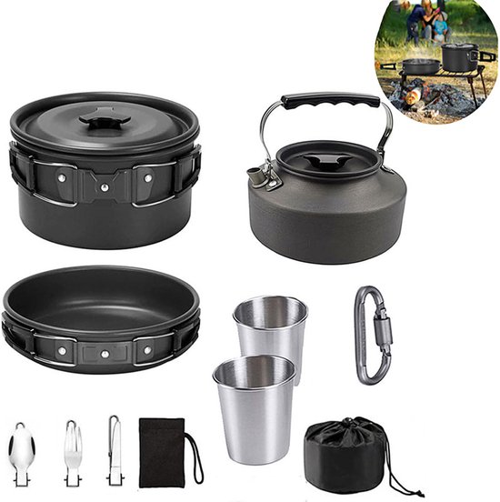 Camping Kookgerei - 9 -delig -Opvouwbare campingpannen - veilig en BPA - Geschikt voor 2-3 personen Buitenpicknick Kamperen Wandelenpannenset - Campingpot - Kookgerei - Kookset -Outdoor Camping Pannenset - Pannenset- Ideaal voor Kamperen