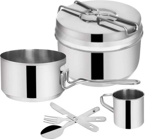 Camping Kookgerei Kit Edelstaal 1,5 l, 900 ml, 200 ml 7 delig - Outdoor Servies Set - Wandelen - Scouting - Militaire Kookset van Bo-Camp