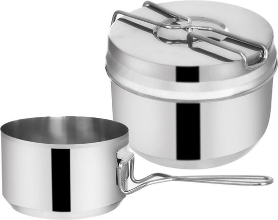 Camping Kookgerei Kit Edelstaal 1,5 l, 900 ml 3 delig - Outdoor Servies Set - Wandelen - Scouting - Militaire Kookset van M ultra light.