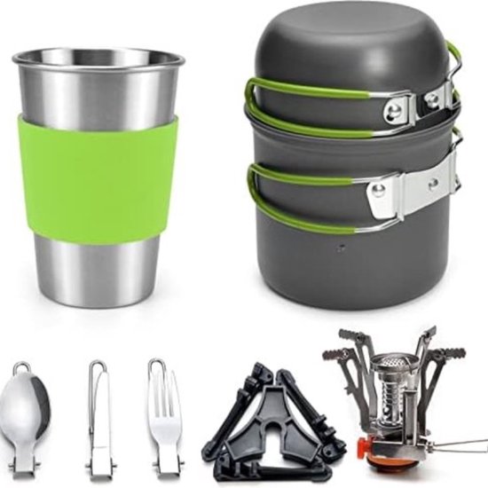 Camping kookgerei Kit met Fornuis, Outdoor Koken Set Niet Stick Pot en Pans Lichtgewicht Rugzak Wandelen Utensil Gear voor 1 tot 2 Personen Reizen Trekking en Camping