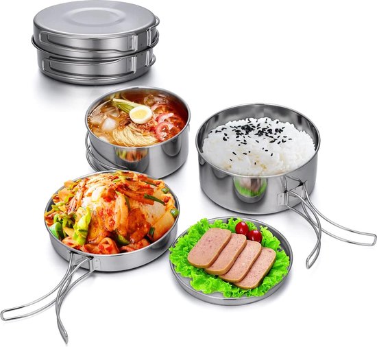 Camping kookgerei set 4-delig roestvrij staal compact opvouwbaar pot plaat - voor picknick backpacking wandelen camping pannenset van Camp