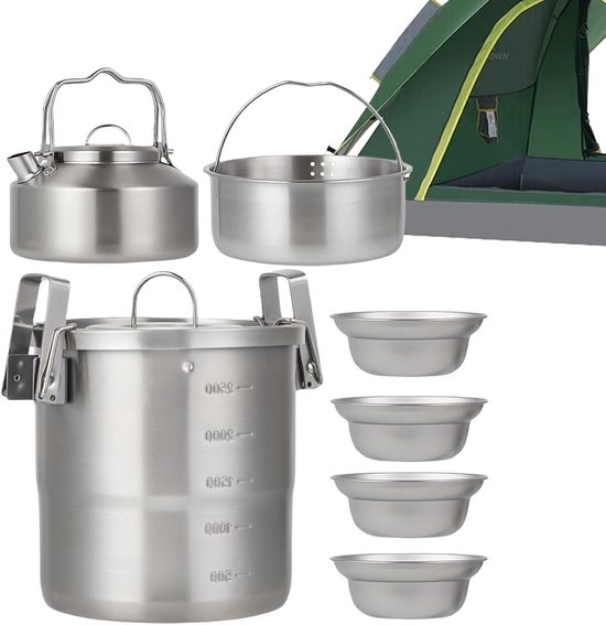 Camping Kookgerei Set - Kampvuur Pan - Buiten Koken - Sterk Roestvrij Staal - 7-delig - Zilver
