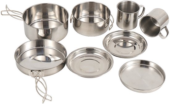 Camping Kookgerei Set met 8 Stuks RVS Pannen en Borden voor Outdoor Activiteiten - Kookgerei - Lichtgewicht - voor kamperen, outdoor, wandelen, picknick, BBQ