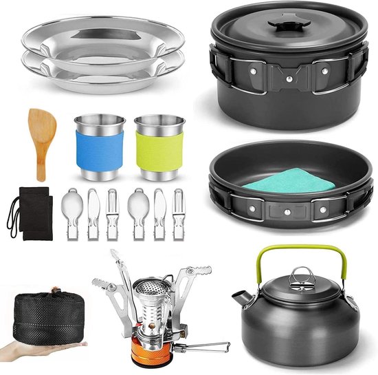 Camping Kookgerei Set - Outdoor Keukenset - Buiten Koken - 19 Delig Compleet - Lichtgewicht 1.5kg - Grijs