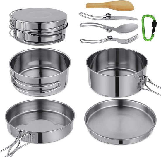 Camping kookgerei set van roestvrij staal 304 roestvrij staal, draagbaar en stapelbaar, campingpannenset voor camping, wandelen, picknick van Camp