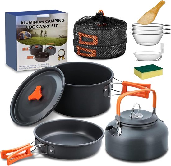 Camping Kookset 10-delig - Lichtgewicht Camping Pannenset - Inclusief Waterketel - Voor 2 tot 4 Personen