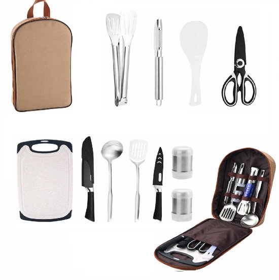 Camping Kookset 11-delig – RVS – Lichtgewicht & Draagbaar – Inclusief Mes, Snijplank & Bestek – Outdoor Keukenset