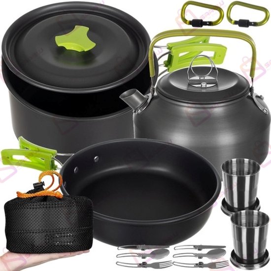Camping Kookset 18-delig voor 2 Personen – Met Pan, Ketel, Koekenpan, Bestek, Beker & Opbergtas – Opvouwbaar & Antiaanbak – camping pannenset – campingkeuken - 50986 van Merkloos
