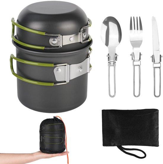 Camping kookset 2 personen - Camping kookgerei set - Pannenset - Incl camping servies - Camping pannenset - Outdoor kookgerei - Kookgerei met inklapbaar bestek - Mini camping kookset