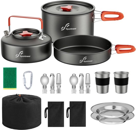Camping kookset 2 personen lichtgewicht pannenset met waterkoker en servies compact 18 delig