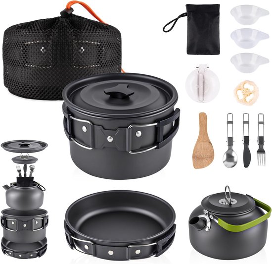 Camping kookset 7-delig – aluminium pannenset – lichtgewicht – compact – met waterketel en opbergtas