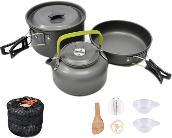 Camping Kookset - 9-delig - Pannenset campingkooksets - Camping servies - RVS aluminium - Caravan & Camper accessoires - Camping pan - voor buiten, picknicken, kamperen en wandelvakanties van Merkloos