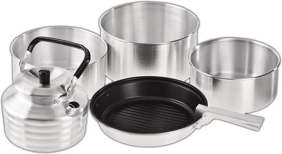 Camping Kookset - Aluminium Outdoor Kookgerei Set voor Kamperen - 3 Pannen en 1 Braadpan - Inclusief Waterketel en Handvat camping pannenset van Camp
