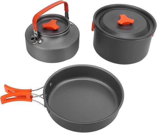 Camping Kookset - Camping Pannenset - 3-delig - Voor 2-3 Personen - Opvouwbaar - Aluminium - Theepot Pan En Steelpan - Oranje Handgreep van Merkloos