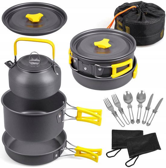Camping Kookset Compleet – Survival Kookset & Noodpakket – PROMIS Campeo Pannenset met Koekenpan, Waterkoker en Bestek – Outdoor Camping Set 2-4 Personen met Opbergtas van Merkloos