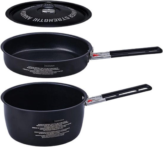 Camping Kookset - Kampeerpan Kookpan - Buiten Koken - Afneembare Handgreep - 2L en 1.2L - Zwart