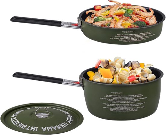 Camping Kookset - Kampeerpan Soeppan - Buiten Koken - Nestable Compact Design - 2 Liter - Army Groen