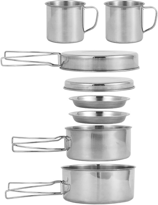 Camping kookset - Kampeerpotten pannen - Buiten koken - Stapelbaar lichtgewicht - 3-4 personen - Zilver