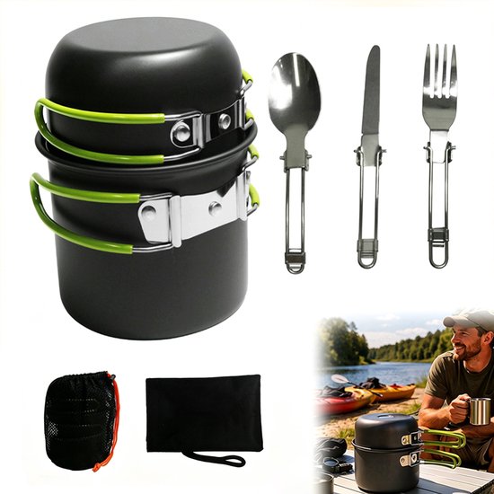 Camping kookset – Kookgerei – Inclusief bestek – Outdooruitrusting – Geschikt voor 1-2 personen – Draagbaar kookgerei voor kamperen – Geschikt voor kamperen, buitenactiviteiten, wandelen, picknicks en barbecues – Groen – Aluminiumlegering