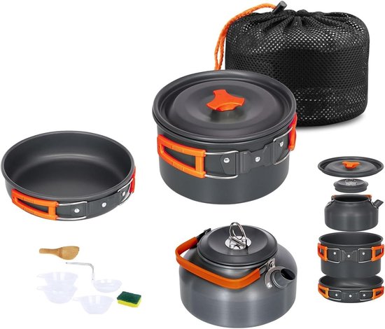 Camping Kookset - Pannenset Theepot - Outdoor Koken - Opvouwbaar Ontwerp - 2-3 Personen - Grijs