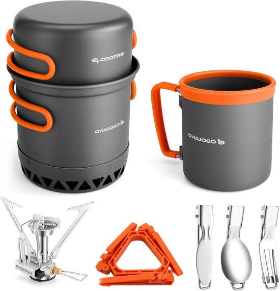 Camping Kookset van 6 Stukken - Aluminium, Antiaanbakpan, Mini Koker, Mok, Bestek en Opbergtas, Efficiënte Warmtewisselaar Design voor Buitenactiviteiten