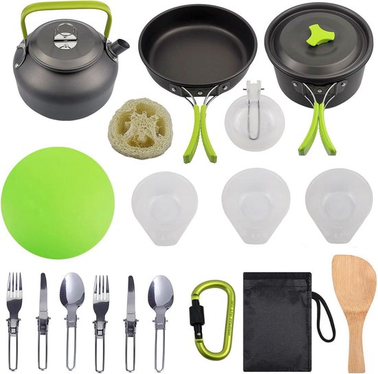Camping kookset van aluminium - 3 pannen & 1 braadpan - incl. Waterketel & Handvat reis waterkoker van Bo-Camp