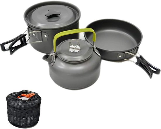 Camping Kookset voor 2-3 Personen – Lichtgewicht Opvouwbare Pannenset met Steelpan, Koekenpan en Theepot, Compact Outdoor Kookgerei voor Kamperen, Picknick, Backpacken en Wandelvakanties