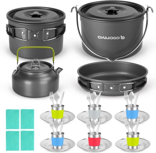 Camping Kookset voor 6 Personen - 39-delige Set met Potten, Pannen, Kettle en Bestek voor Trekking, Picknick en Reizen