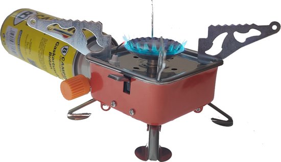 Camping kookstel compact opklapbaar piëzo gasbrander rood incl 8 gas navullingen 227gr / 392ml van Dunlop